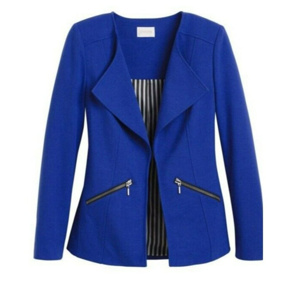 Chicos Knit Moto Jacket Solid Blue Large Lined Ponte Zipped Pockets Open Women's